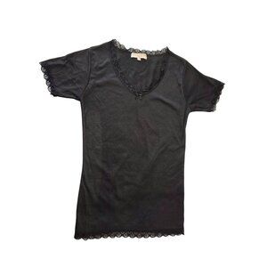 Jean-Louis Scherrer Paris 90s Black Cotton Short Slv Tee Sz S Lace Trim VNeck